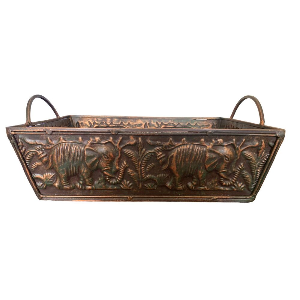 Elephant Embossed Metal Copper Storage Container Tray with Handles
